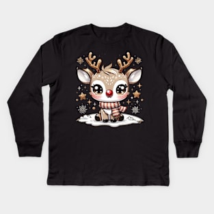 Chibi Reindeer Kawaii Cute Winter Christmas Sparkling Kids Long Sleeve T-Shirt